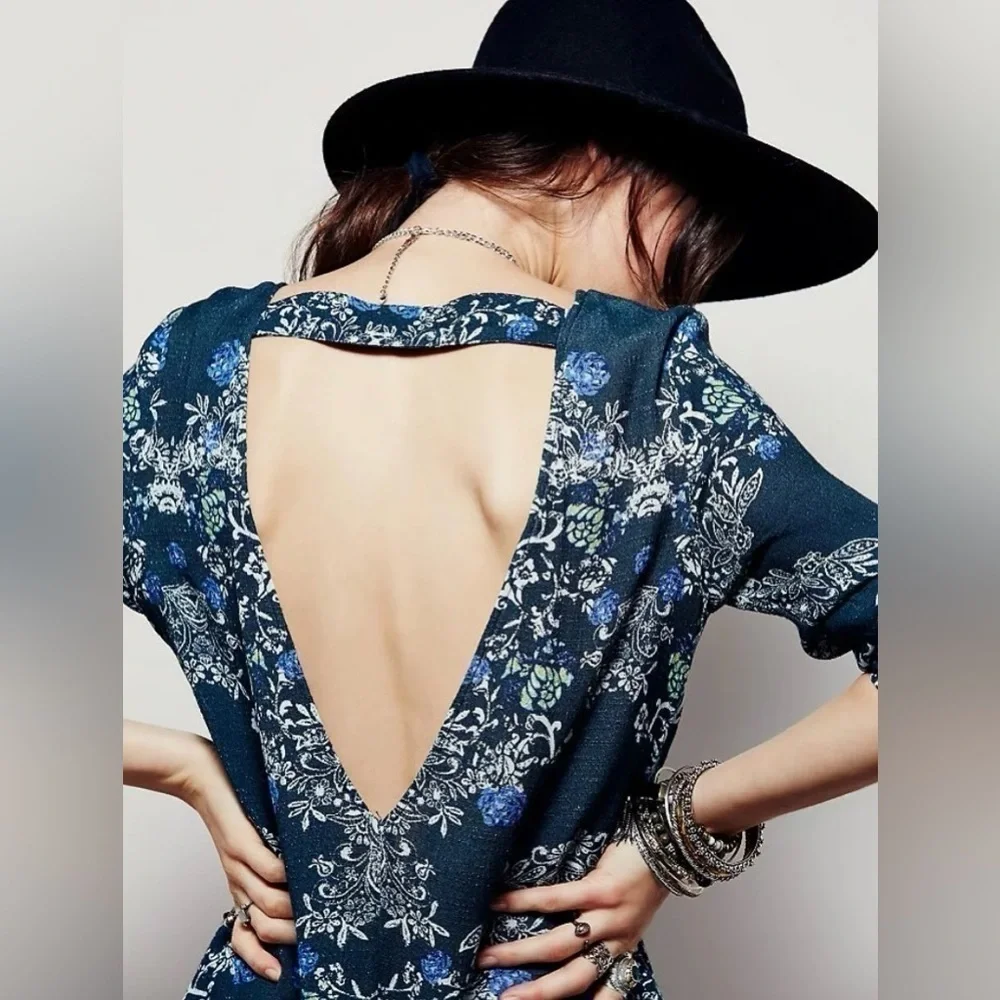 Free People Smooth Talker Floral Print Tunic Swing Dress Teal Blue Size S
